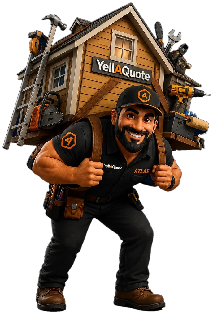 Atlas, the YellAQuote estimator — a bearded tradesman in a YellAQuote cap carrying a whole tool-laden house on his back.